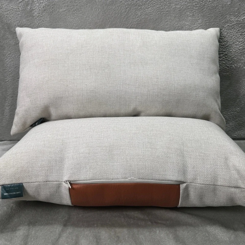 Set of 2 MCM Style Lumbar Throw Pillows Ivory Linen Faux Leather Minimalist